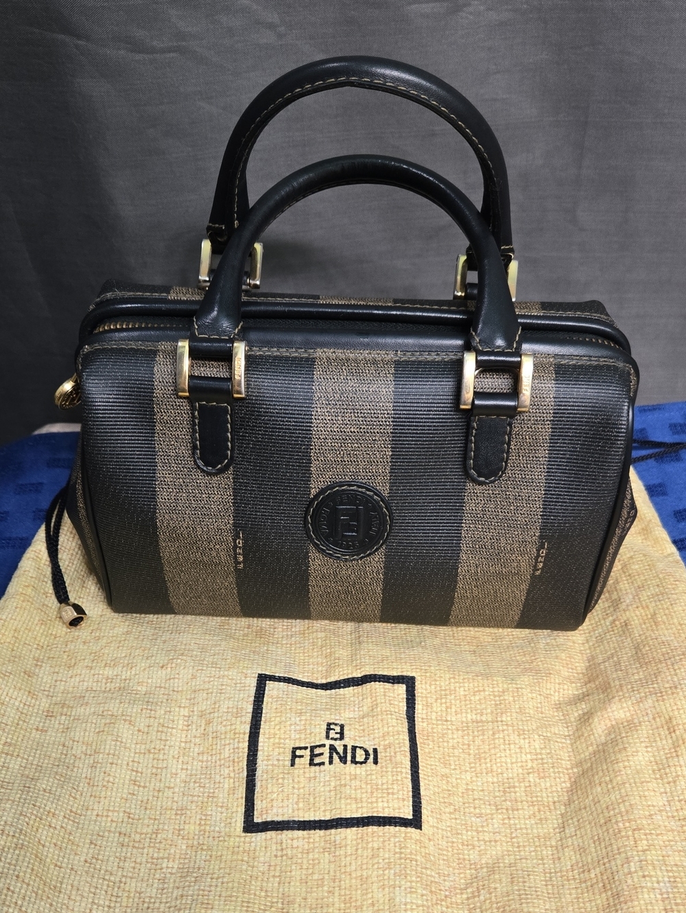 Fendi Black and Brown Striped Mini Satchel with Gold Hardware